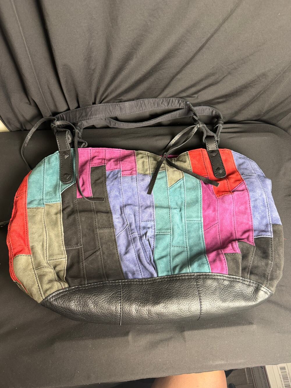 Y2K Lucky Brand Colorful Suede Leather Patchwork Shoulder Tote Bag